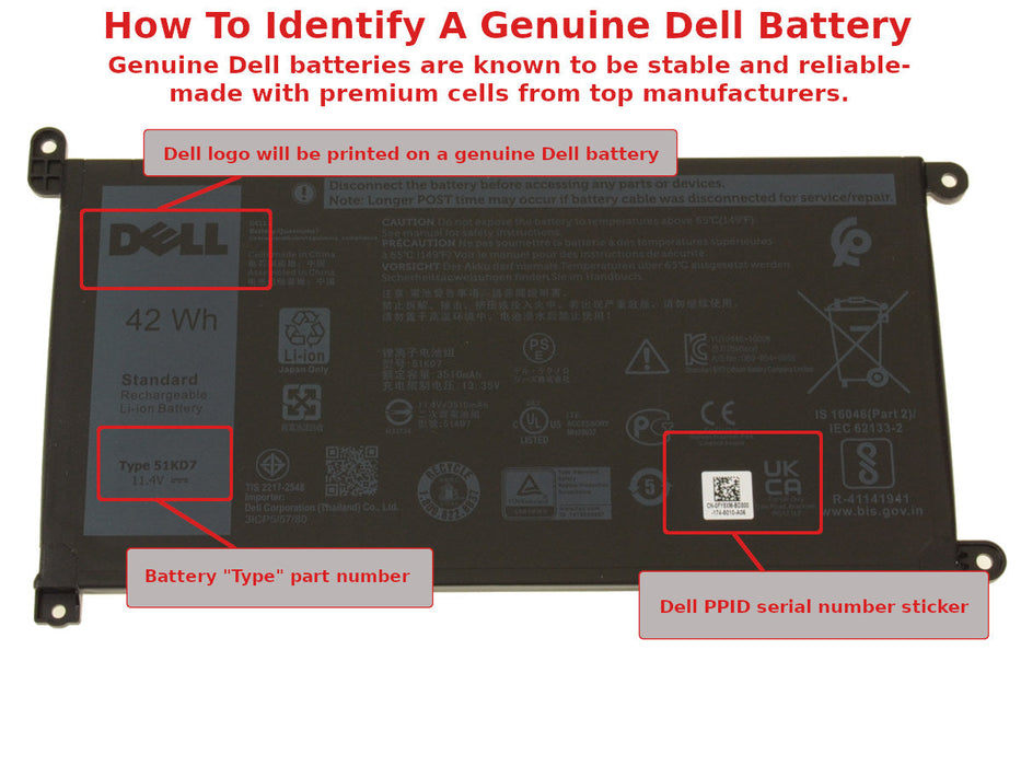 New Dell OEM Genuine Chromebook 11 (3180 / 3181 / 3189 / 3400) 42Wh 3-cell Laptop Battery - Long Cable - 51KD7