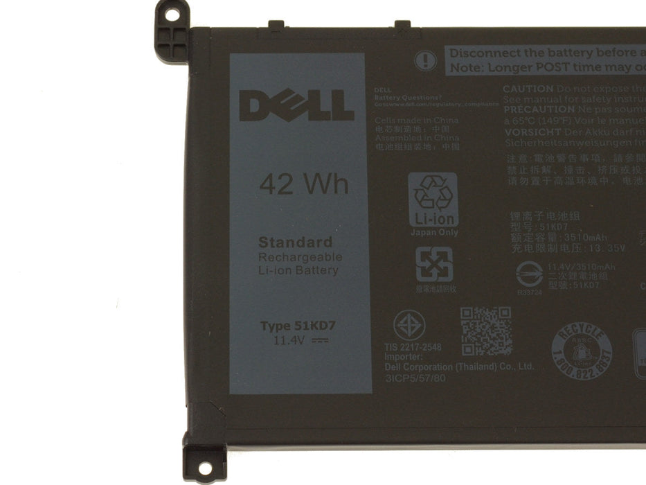 New Dell OEM Genuine Chromebook 11 (3180 / 3181 / 3189 / 3400) 42Wh 3-cell Laptop Battery - Long Cable - 51KD7